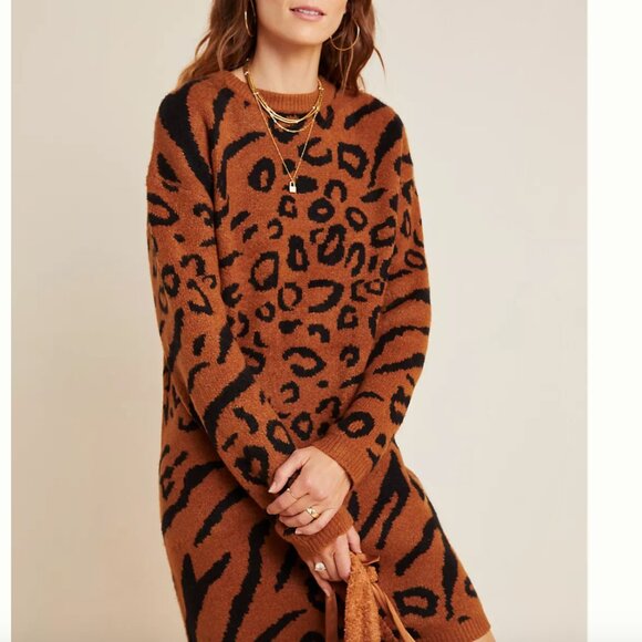 ⭐️ Rilke Leopard Cheetah Cat Chic Glam Girly Winter Classy Tunic Sweater Dress - Picture 8 of 9